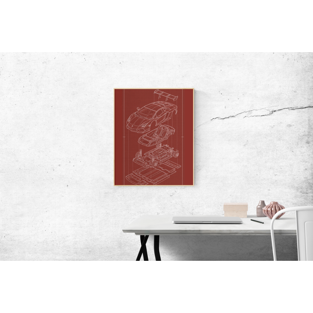 Lamborghini Aventador Exploded View Poster | Engineering Blueprint Wall Art | Wireframe Supercar Diagram | Gift for Car Enthusiast - Red