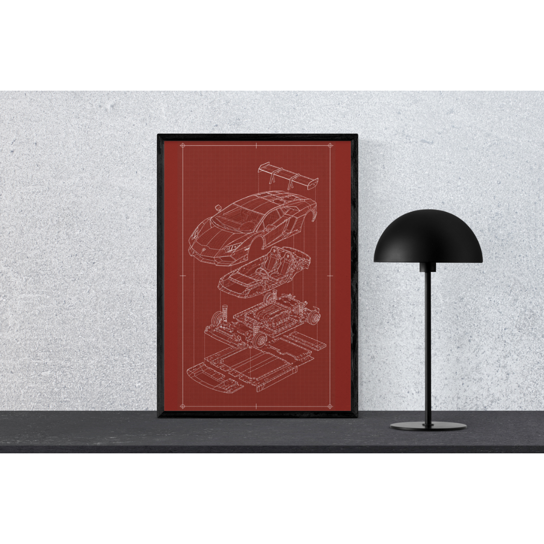 Lamborghini Aventador Exploded View Poster | Engineering Blueprint Wall Art | Wireframe Supercar Diagram | Gift for Car Enthusiast - Red