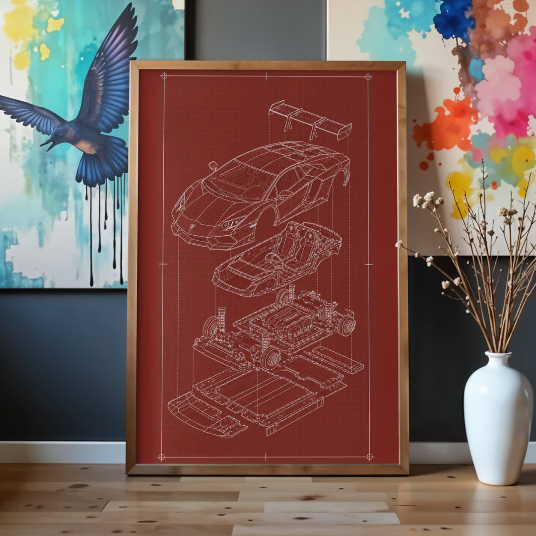 Lamborghini Aventador Exploded View Poster | Engineering Blueprint Wall Art | Wireframe Supercar Diagram | Gift for Car Enthusiast - Red