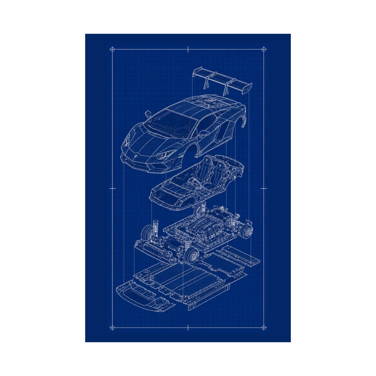 Lamborghini Aventador Exploded View Poster | Engineering Blueprint Wall Art | Wireframe Supercar Diagram | Gift for Car Enthusiast - Blue