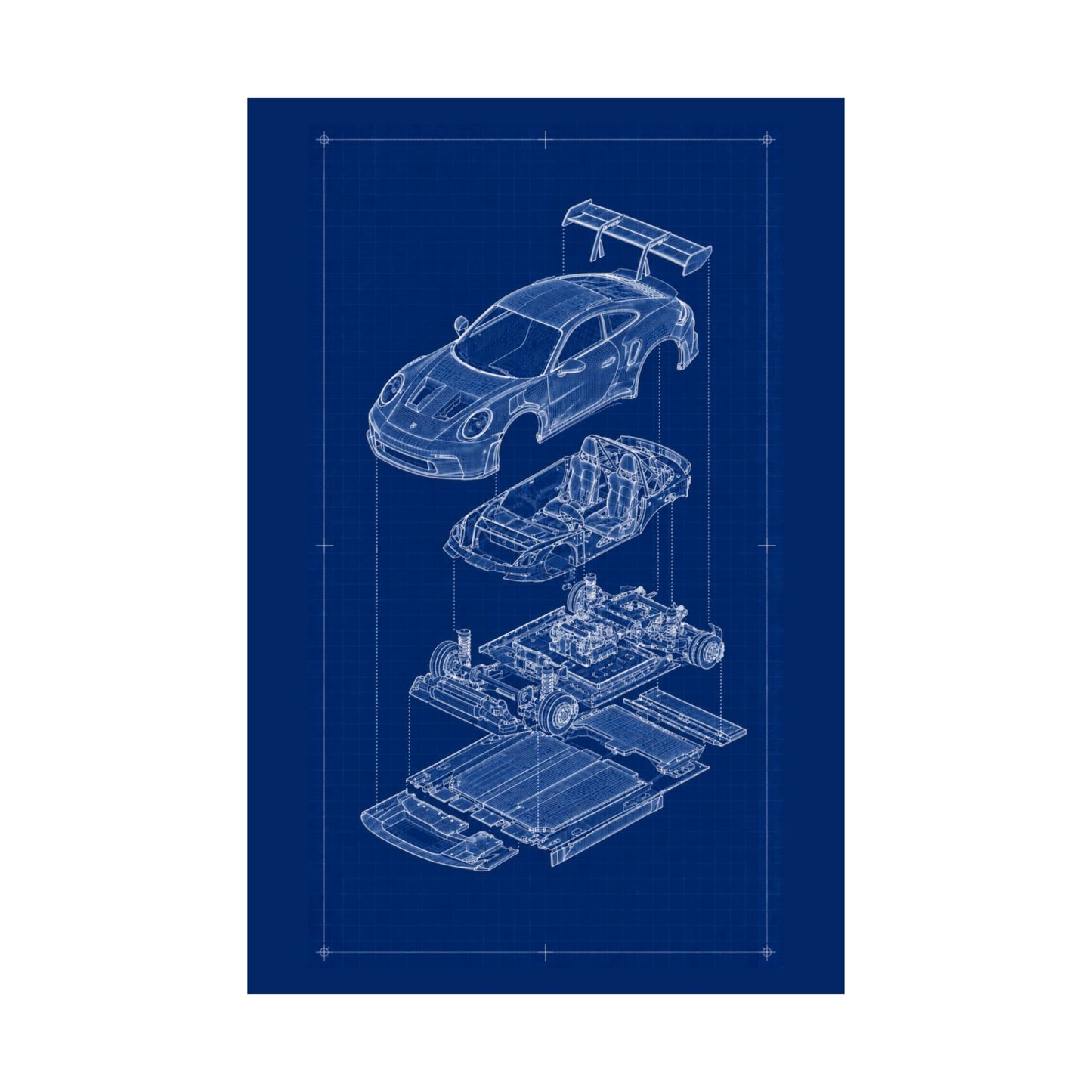 Porsche 911 GT3 Exploded View Poster | Engineering Blueprint Wall Art | Wireframe Supercar Diagram | Gift for Car Enthusiast - Blue