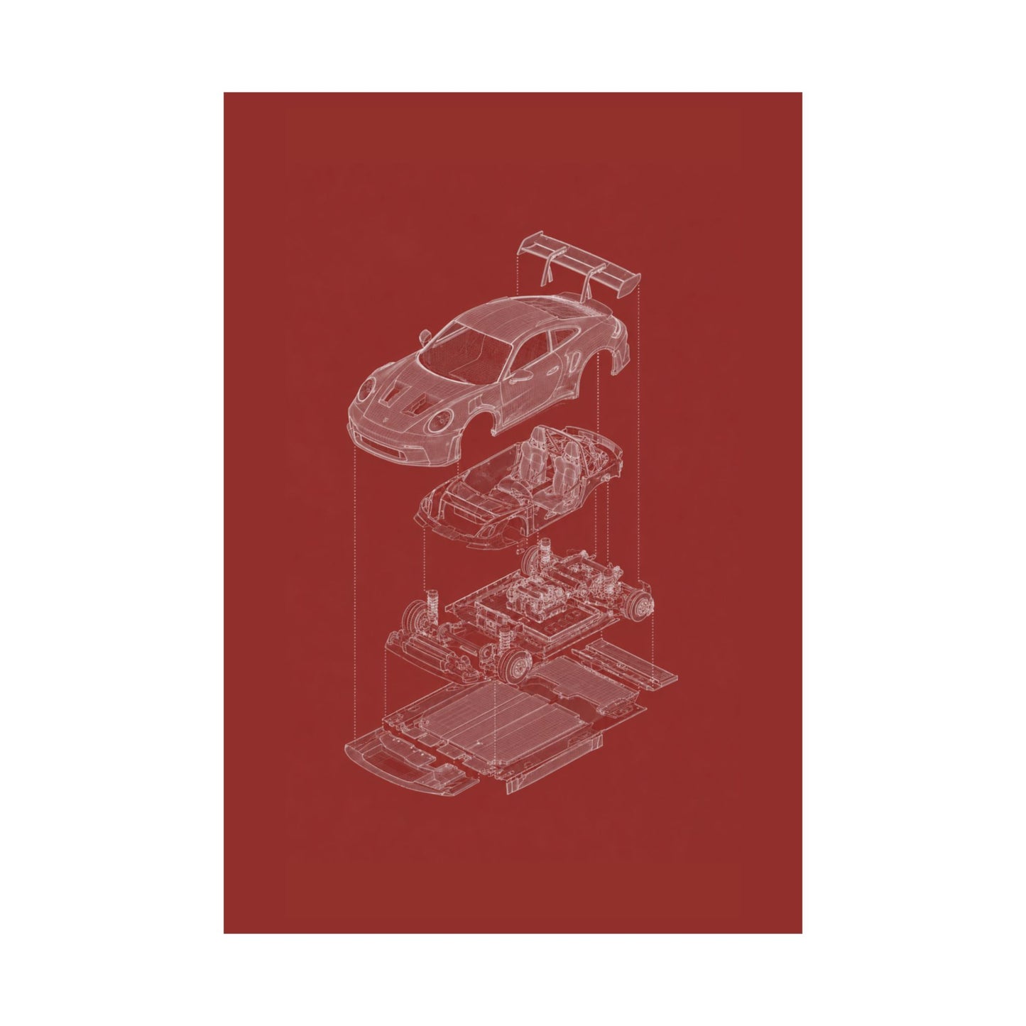 Porsche 911 GT3 Exploded View Poster | Engineering Blueprint Wall Art | Wireframe Supercar Diagram | Gift for Car Enthusiast - Red