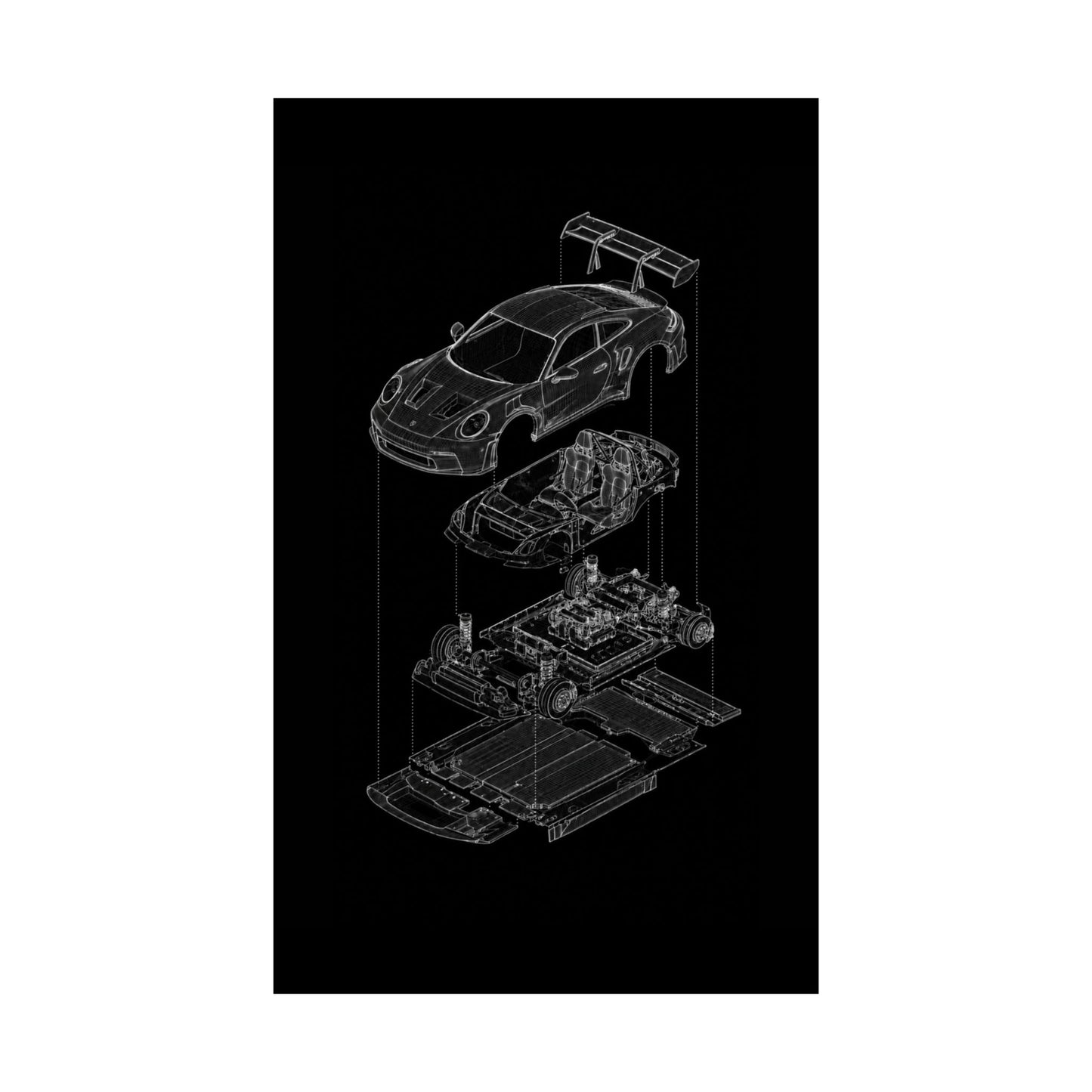 Porsche 911 GT3 Exploded View Poster | Engineering Blueprint Wall Art | Wireframe Supercar Diagram | Gift for Car Enthusiast - Black