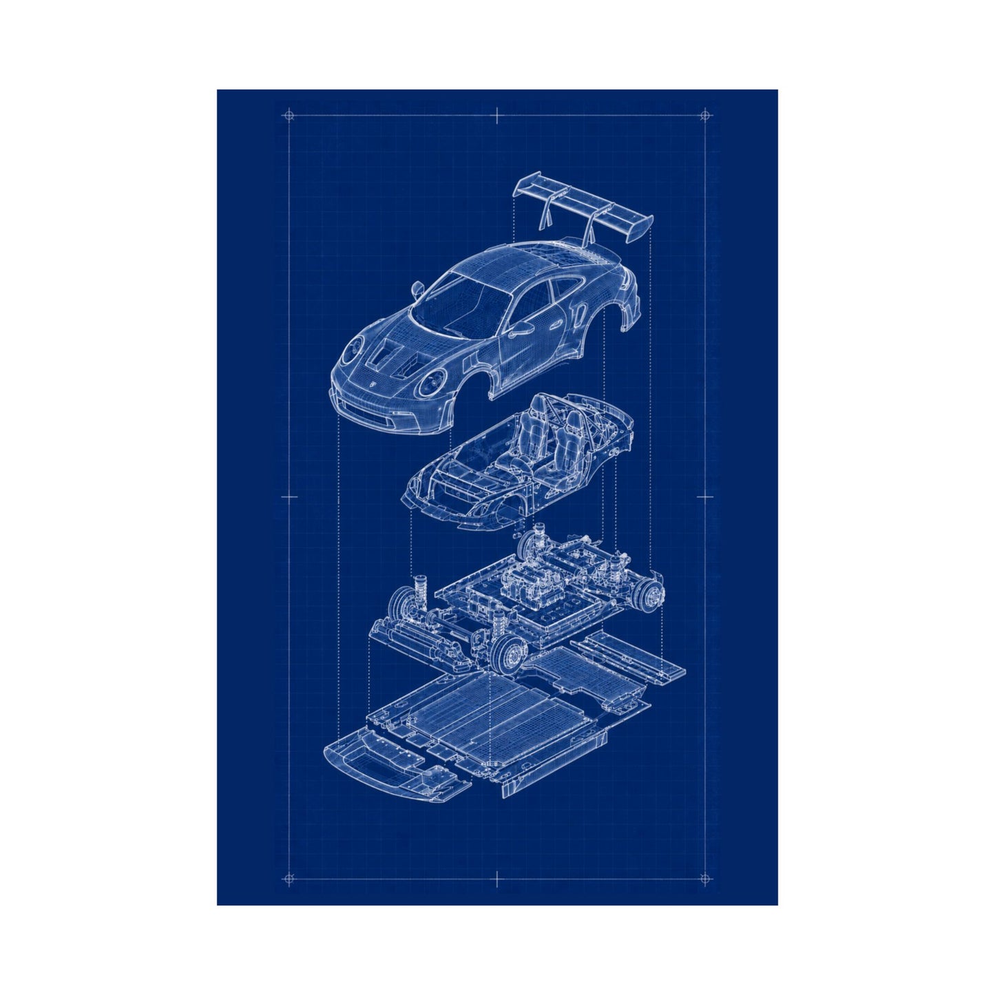 Porsche 911 GT3 Exploded View Poster | Engineering Blueprint Wall Art | Wireframe Supercar Diagram | Gift for Car Enthusiast - Blue