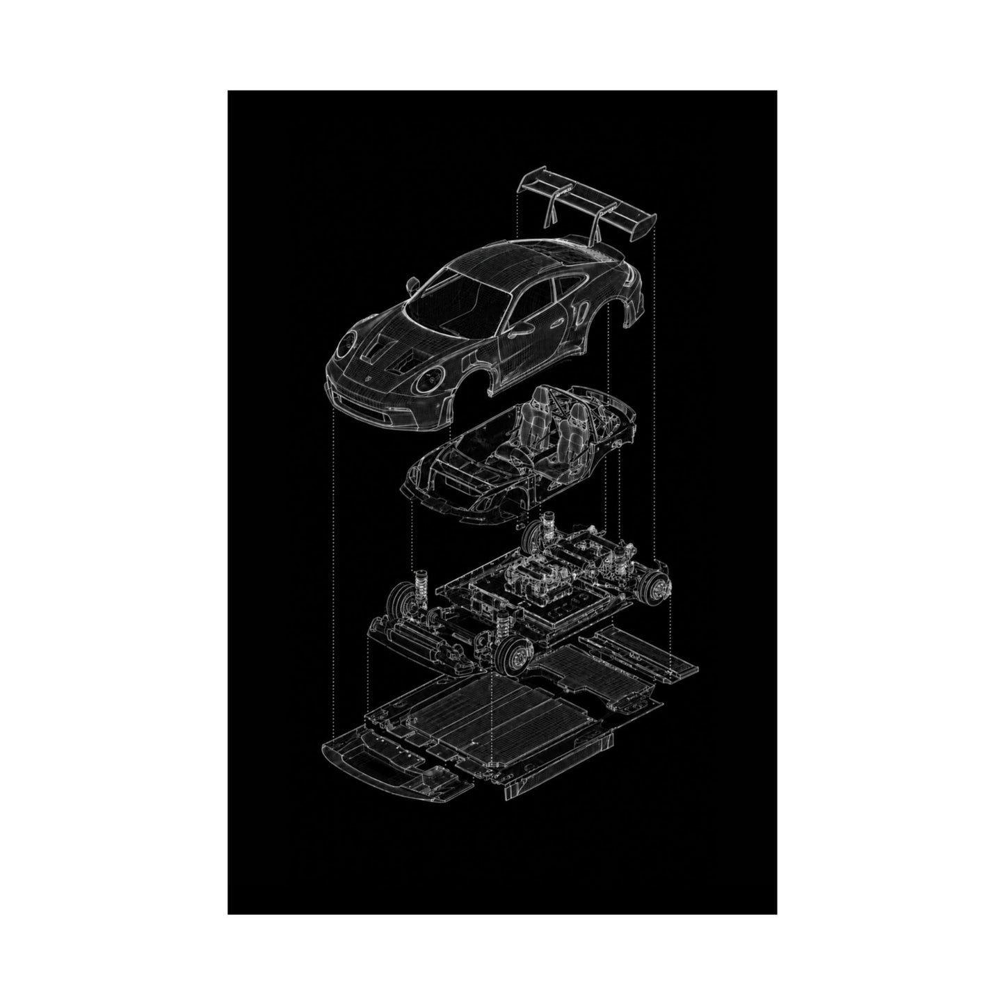 Porsche 911 GT3 Exploded View Poster | Engineering Blueprint Wall Art | Wireframe Supercar Diagram | Gift for Car Enthusiast - Black