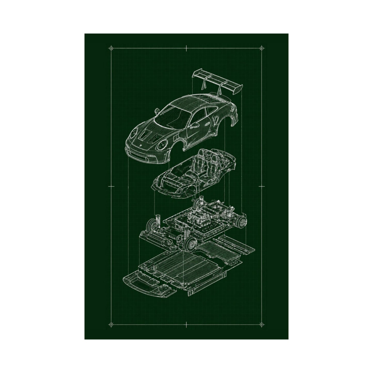 Porsche 911 GT3 Exploded View Poster | Engineering Blueprint Wall Art | Wireframe Supercar Diagram | Gift for Car Enthusiast - Green