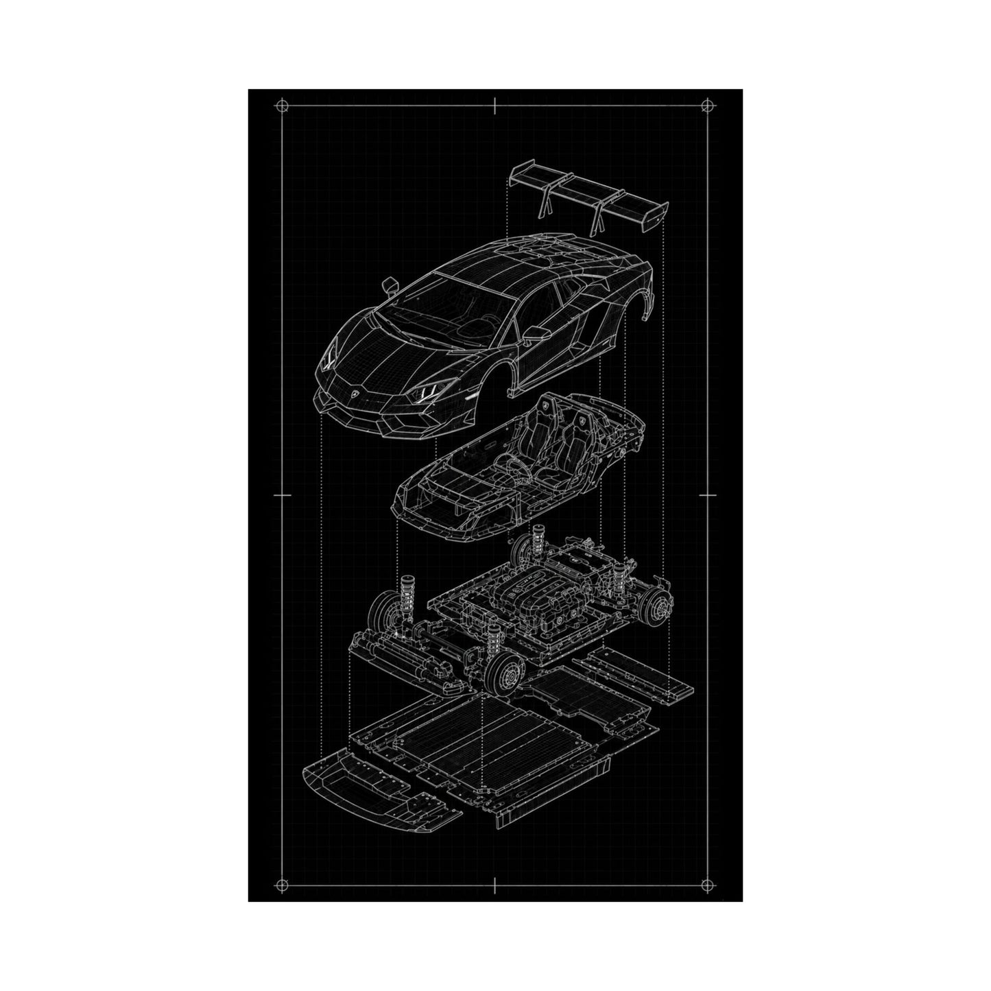 Lamborghini Aventador Exploded View Poster | Engineering Blueprint Wall Art | Wireframe Supercar Diagram | Gift for Car Enthusiast - Black