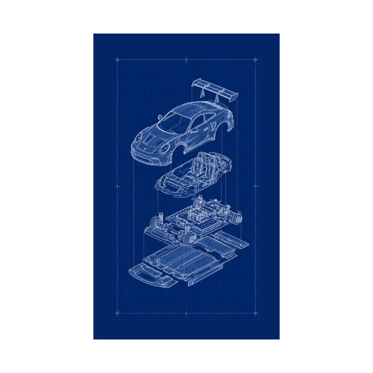 Porsche 911 GT3 Exploded View Poster | Engineering Blueprint Wall Art | Wireframe Supercar Diagram | Gift for Car Enthusiast - Blue